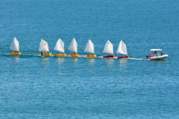Doubtless Bay, New Zealand - February 15, 2014 Motor boat with sailing instructor drags a line of small sailing boats on Feb 15, 2014. New Zealand is one of the top sailing nation in the world.